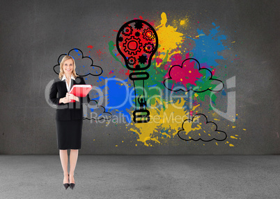 Composite image of businesswoman smiling and holding folders