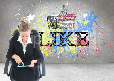 Composite image of businesswoman sitting on swivel chair with ta