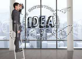 Composite image of businessman standing on ladder