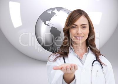 Composite image of portrait of female nurse holding out open pal