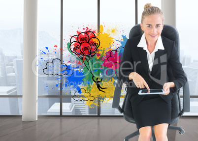 Composite image of businesswoman sitting on swivel chair with ta Composite image of businesswoman sitting on swivel chair with ta