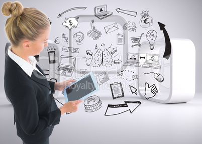 Composite image of businesswoman holding new tablet