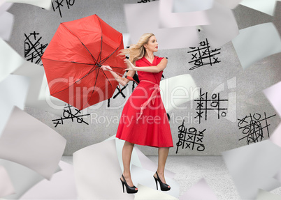 Composite image of elegant blonde holding umbrella