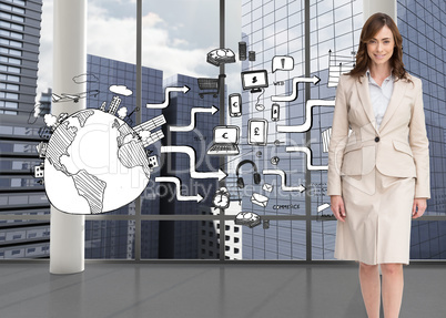 Composite image of smiling businesswoman walking