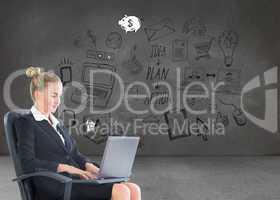 Composite image of businesswoman sitting on swivel chair with la