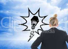 Composite image of businesswoman standing with hands on hips