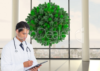 Composite image of smiling doctor holding pen and clipboard