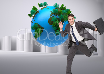 Composite image of cheerful businessman in a hury