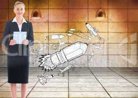 Composite image of businesswoman holding new tablet