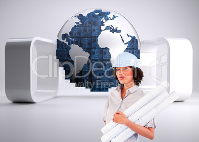 Composite image of confident woman holding construction plans