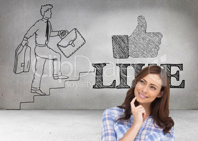 Composite image of thoughtful woman placing her finger on her ch