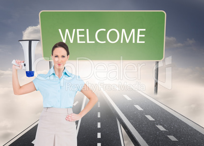 Composite image of stern classy businesswoman holding megaphone