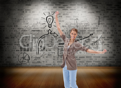 Composite image of happy woman jumping