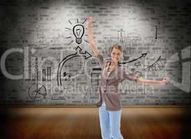 Composite image of happy woman jumping