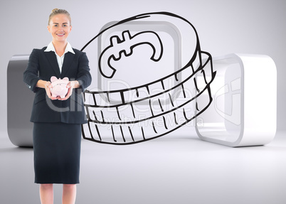 Composite image of happy businesswoman holding a piggy bank