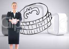 Composite image of happy businesswoman holding a piggy bank