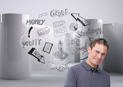 Composite image of smiling young man with tablet computer