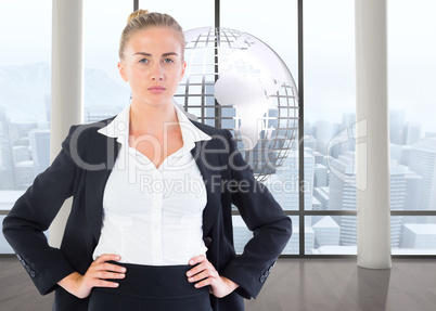 Composite image of businesswoman standing with hands on hips Composite image of businesswoman standing with hands on hips