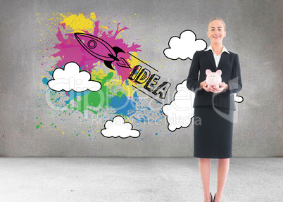 Composite image of businesswoman holding pink piggy bank