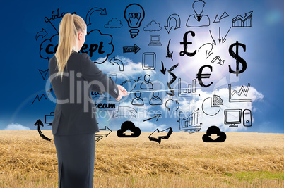 Composite image of businesswoman pulling a rope