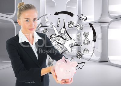 Composite image of businesswoman holding piggy bank