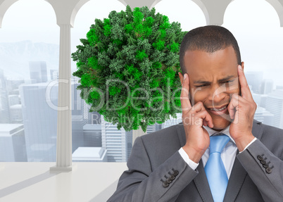 Composite image of stressed businessman putting his fingers on h
