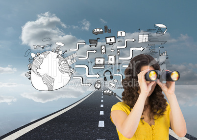 Composite image of casual young woman using binoculars