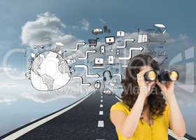 Composite image of casual young woman using binoculars