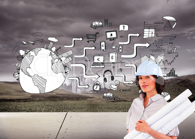 Composite image of confident woman holding construction plans