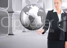 Composite image of businesswoman pointing somewhere