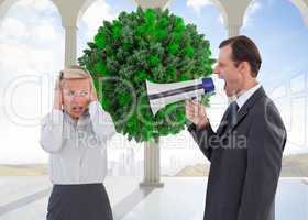 Composite image of businessman shouting at colleague with his bu