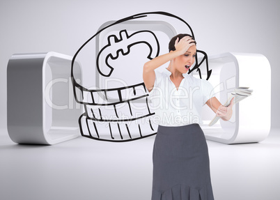 Composite image of surprised classy businesswoman holding newspa