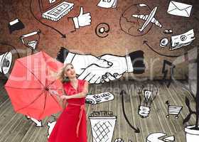 Composite image of elegant blonde holding umbrella