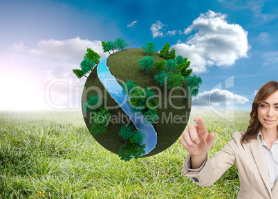 Composite image of portrait of businesswoman touching invisible