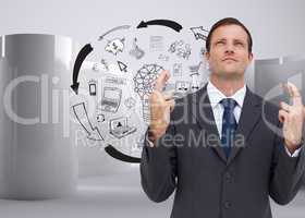 Composite image of serious businessman with fingers crossed is l