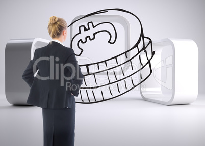 Composite image of businesswoman standing with hands on hips