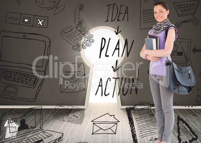 Composite image of attractive student holding books and her bag