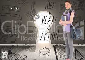 Composite image of attractive student holding books and her bag