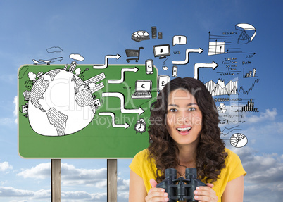 Composite image of smiling casual young woman holding binoculars