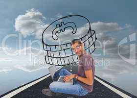 Composite image of man wearing glasses sitting on floor using la