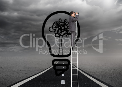 Composite image of businessman standing on ladder using binocula