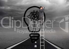 Composite image of businessman standing on ladder using binocula