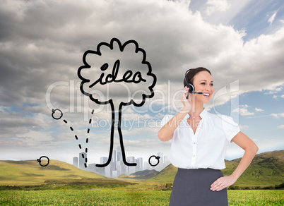 Composite image of cheerful smart call center agent working