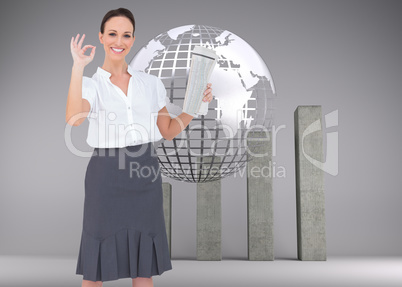 Composite image of stylish businesswoman making gesture while ho