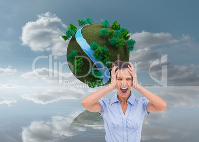 Composite image of stressed businessswoman with hand on her head