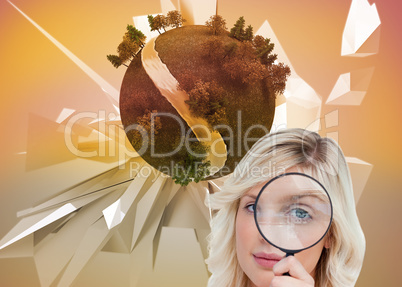 Composite image of fair-haired woman looking through a magnifyin