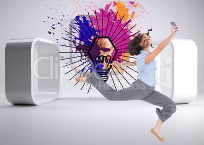 Composite image of happy classy businesswoman jumping while hold