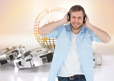 Composite image of trendy model listening to music and looking a