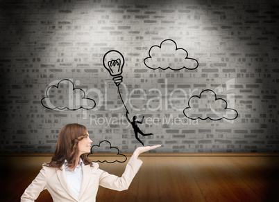 Composite image of smiling businesswoman raising her hand