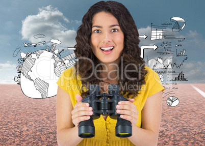 Composite image of smiling casual young woman holding binoculars